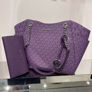 MICHAEL KORS JST Lg Chain Shoulder Tote & Lg JST Trifold Wallet 
Dk Purple